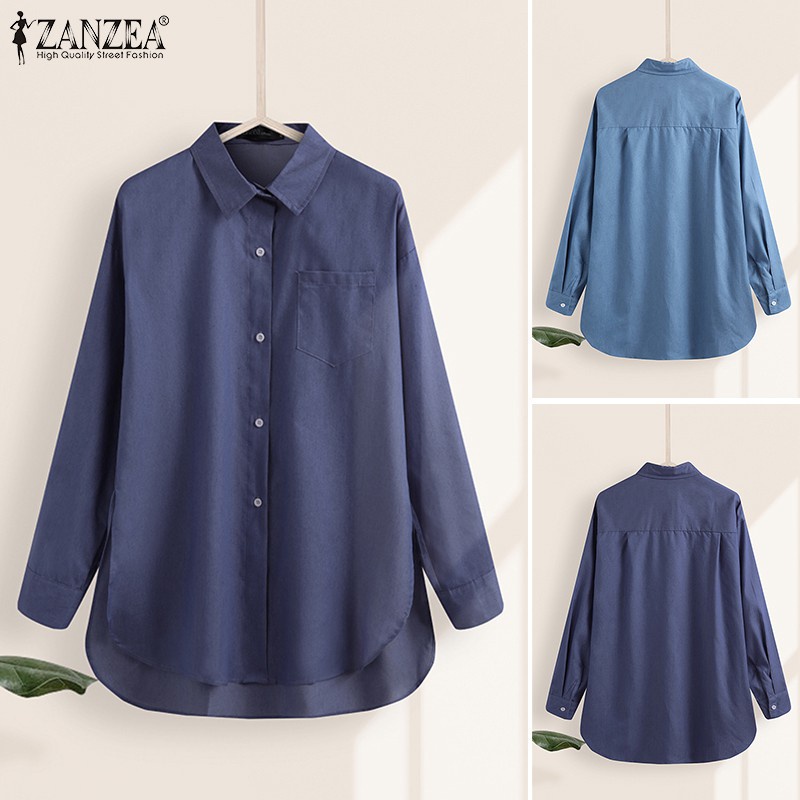 ZANZEA Women Casual Long Sleeve Loose Split Hem Plus Size Blouse