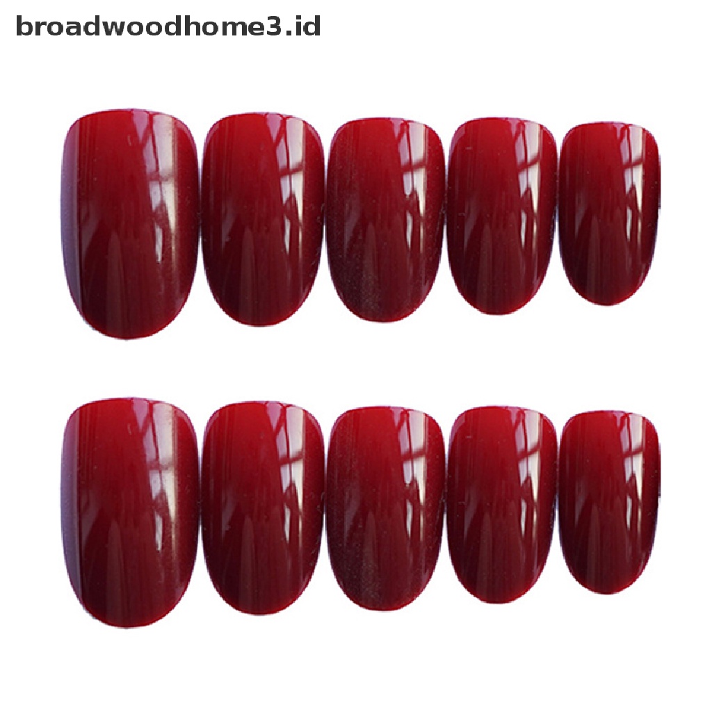 24pcs Kuku Palsu Kepala Bulat Warna Merah wine Dengan Lem Belakang Untuk Manicure