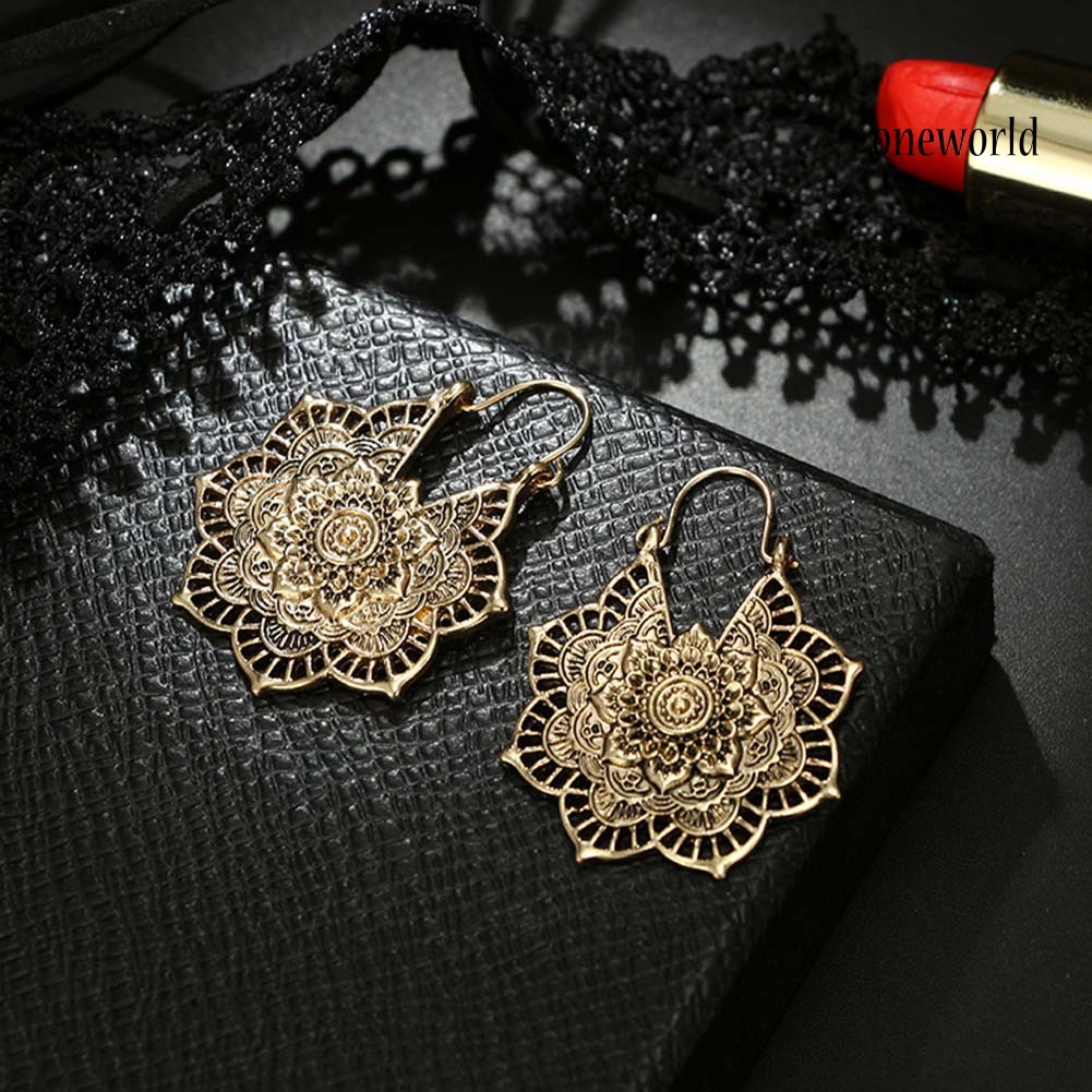 OW@ Bohemian Women Hollow Flower Honeycomb Filigree Hoop Earrings Retro Jewelry Gift