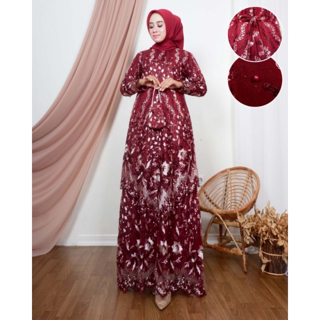 Permata Olshop / Gamis Tingkat Runcing Claudia2 NK / Kebaya Gamis Modern Tulle Terbaru / Gamis Pesta Mewah / Kebaya Gamis Seragam Nikah