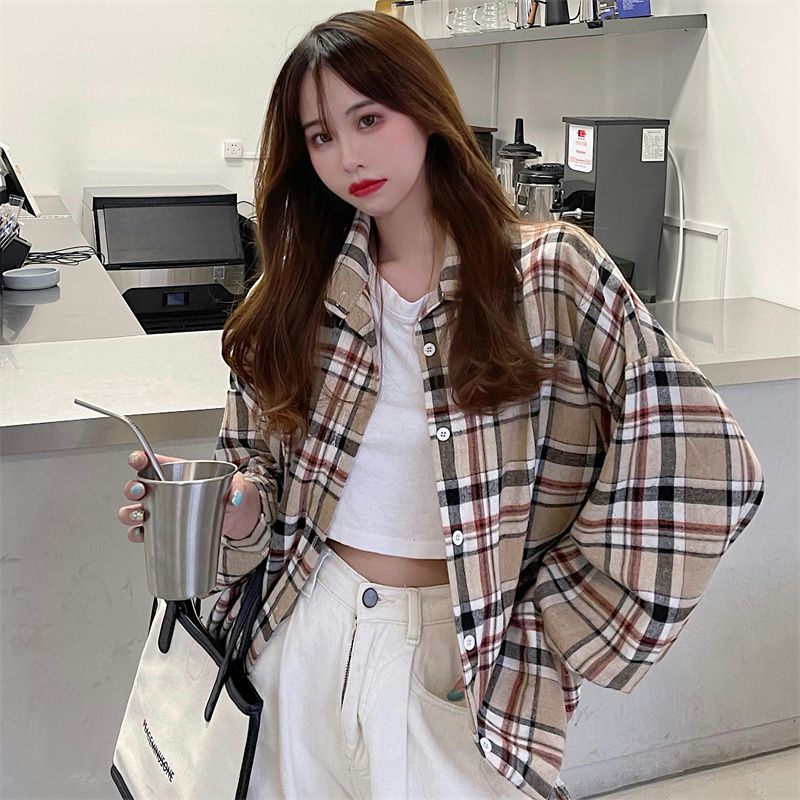 kemeja wanita Korea plaid shirt oversize retro panjang lengan semua pertandingan-559Khaki