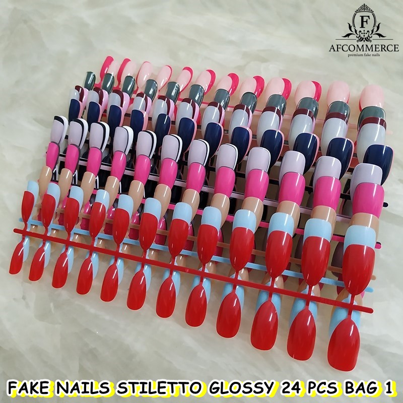 KUKU PALSU FAKE NAILS STILETTO GLOSSY STYLE 24PCS  BAG 1