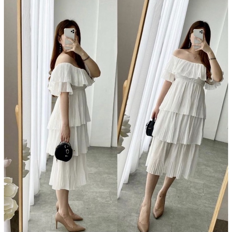 Dei White Midi Dress Korea Sabrina Dress Ruffle squareneck dress vintage formal dress pesta summer