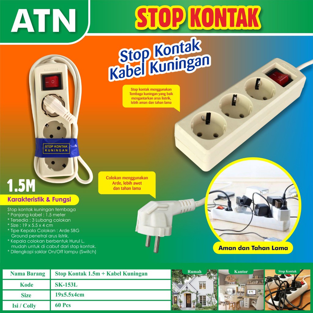 ATN Stop Kontak Terminal 3 , 4 , 5 Lubang + Kabel Steker Arde + Switch Lampu On / Off Standar SNI