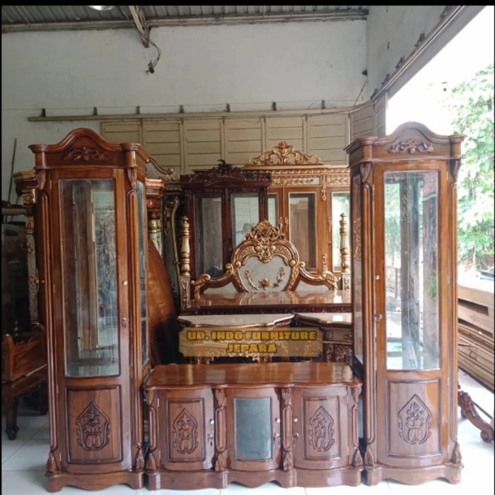 lemari hias kaca pajangan kayu jati + bufet meja tv ukir kayu jati