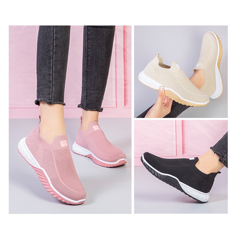 Batavia Sepatu olahraga impor premium perempuan terbaru rajut adem antislip antiaus sepatu lari anak perempuan  Sport Pink Hitam Abu Grey kanvas  sekolah korea Onlinemall A121