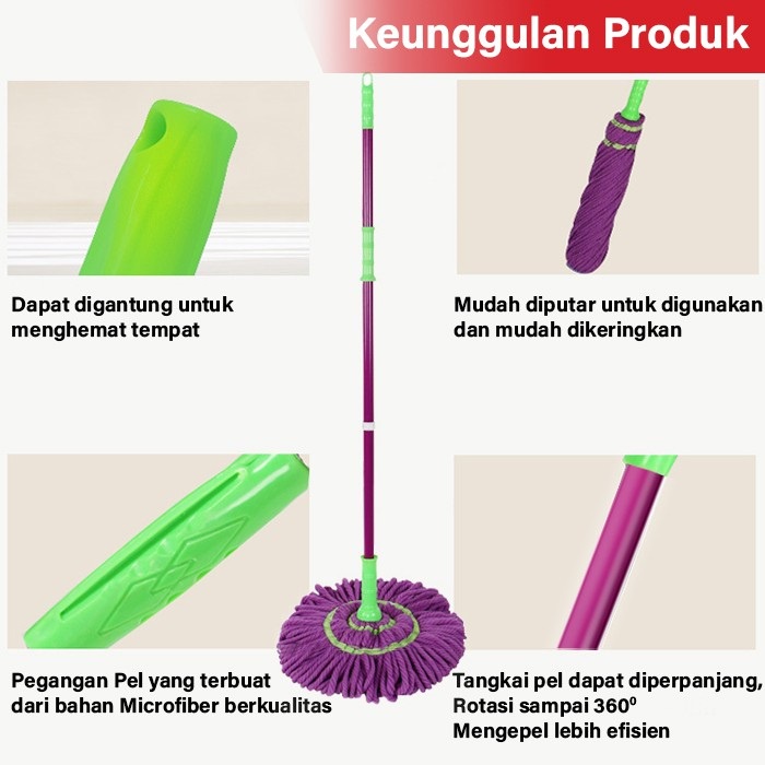 Alat Pel Twist Mop Lantai Simple dan Keren Daya Serap Tinggi / Alat Pel Otomatis / Alat Pel Putar Mudah Digunakan Praktis Dilengkapi Ujung Penggosok Gagang Pel Kokoh