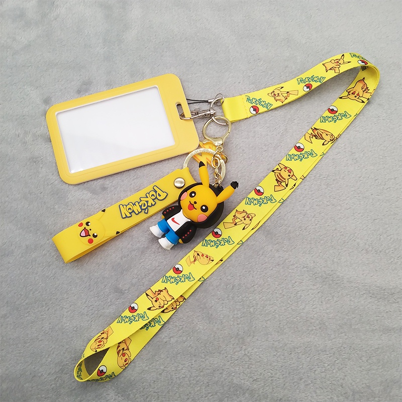 Kartun Pikachu 3D Gantungan Kunci Dengan Pemegang Kartu Leher Lanyard 3 In 1 Nama Sekolah Tag Bus Kartu Kunci Tali Telepon