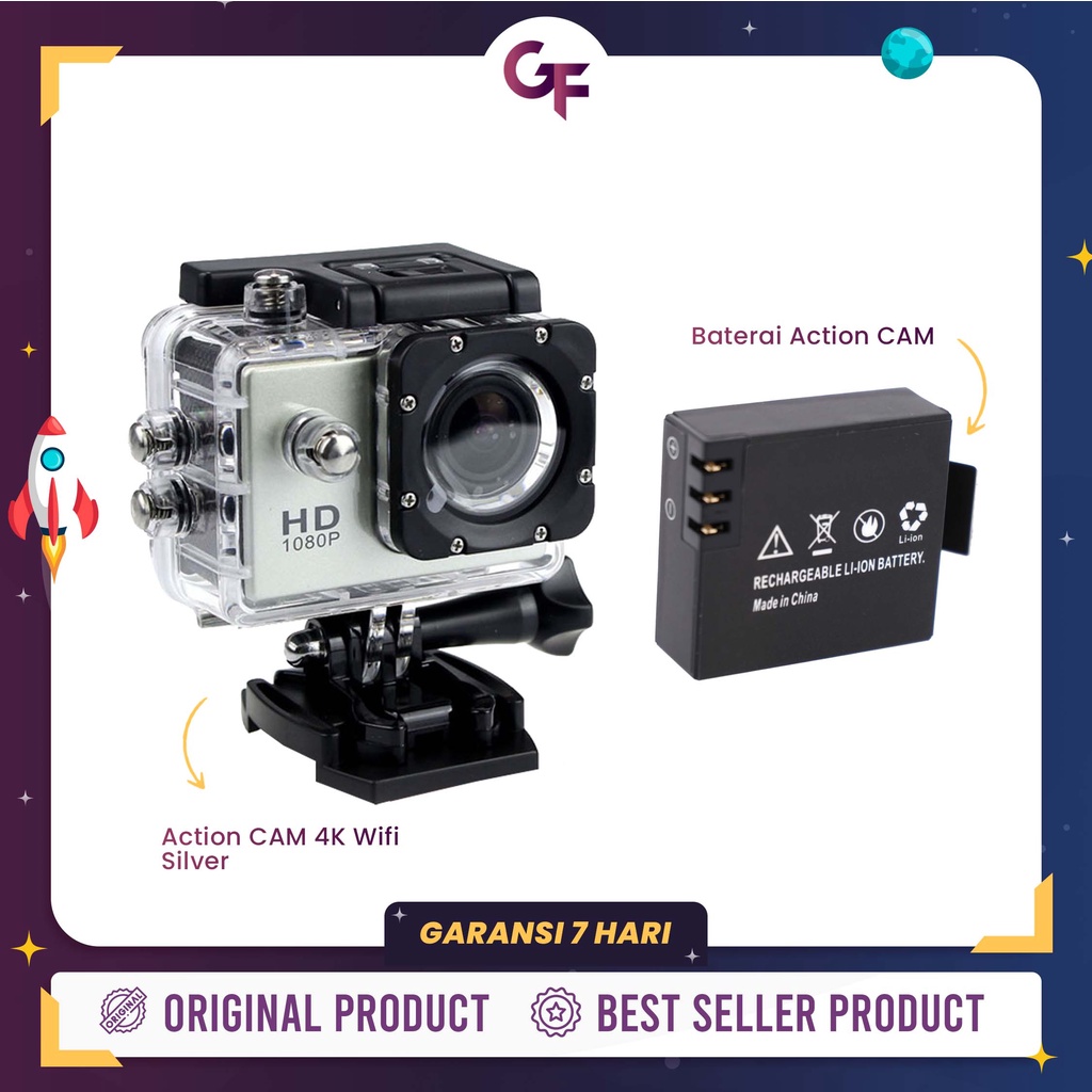 ACTION CAMERA 4K DAN 1080 HD WATERPROOF 900 MAH AKSESORIS LENGKAP - GOODFELLAS-SLVER WIFI + BATERAI