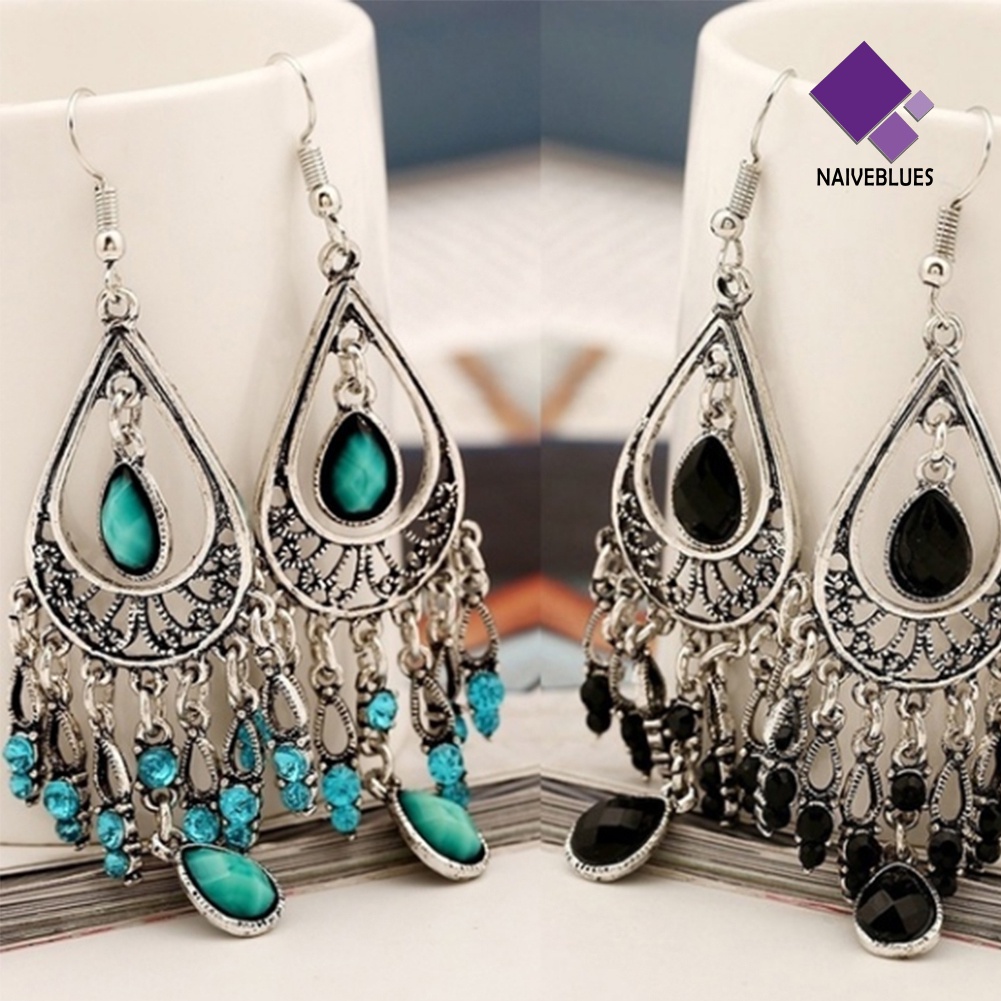 Naiveblue &gt; Anting Kait Gantung Desain Ukiran Hollow Hias Batu Permata Imitasi Gaya Boho Untuk Wanita