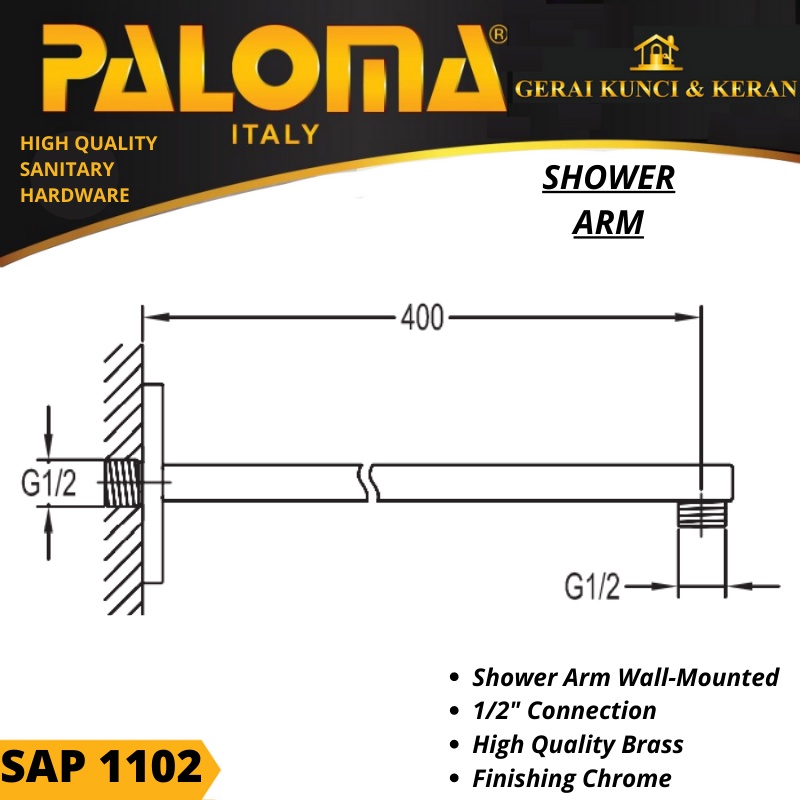 Shower Arm Paloma SAP 1102 CH Lengan Kepala Shower Brass Chrome