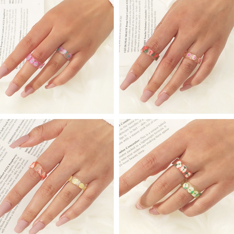 Fashion Colorful Transparent Fruits Pattern Resin Rings Female Geometric Round Lemon Strawberry Ring Jewelry Party Gifts