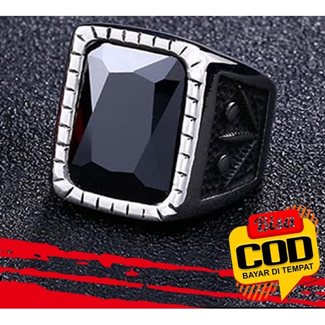 Batu Cincin Akik Pria Black Onyx Kotak Ring Titanium Hitam Keren