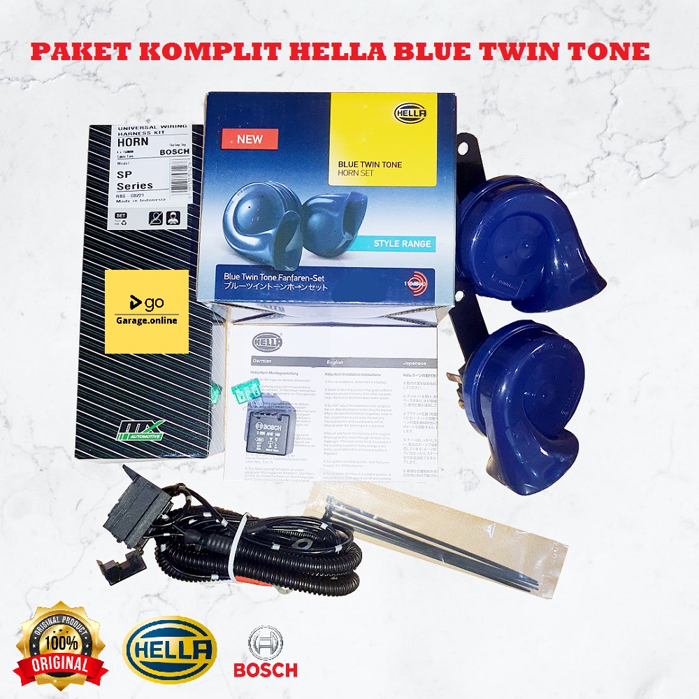 PAKET KOMPLIT Klakson Hella Blue Twin Tone + Kabel Set Relay BOSCH Original