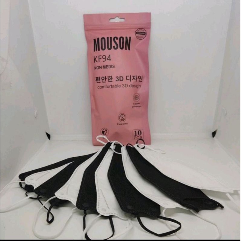 MASKER KF94 MOUSON HITAM PUTIH EMBOSS ISI 10 LEMBAR