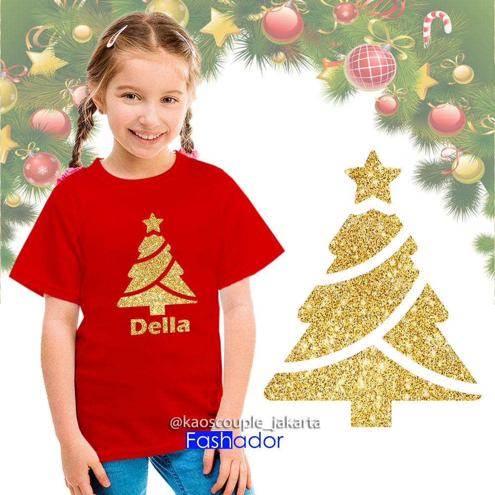 GRATIS NAMA, Kaos Natal/Baju Natal/T-shirt Natal  lPremium Glitter Couple Keluarga Ayah Ibu Anak Ter