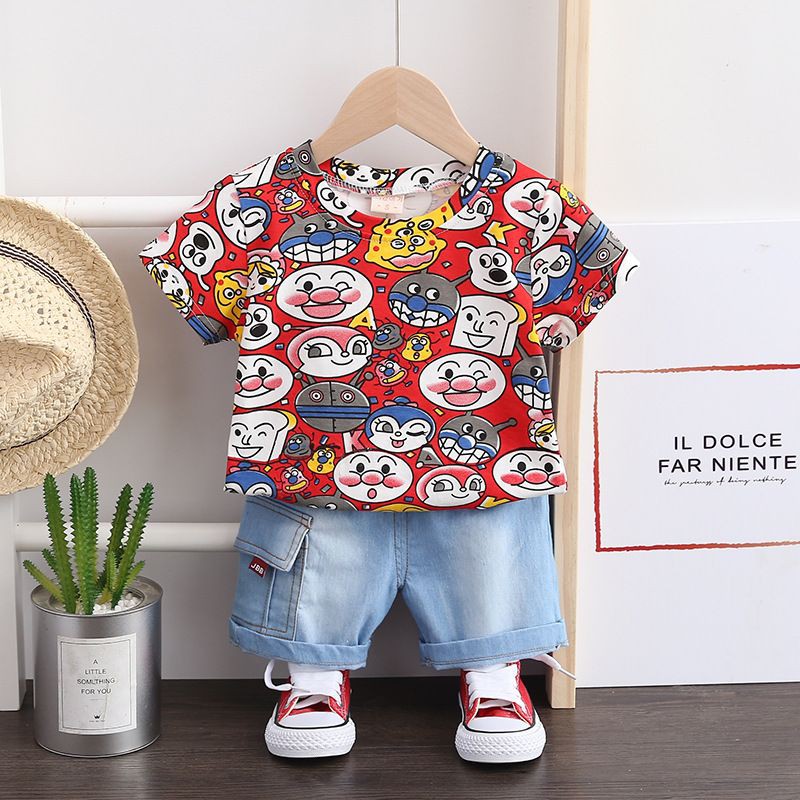 setelan anak laki-laki 1-4 tahun set baju celana kaos motif anpanman