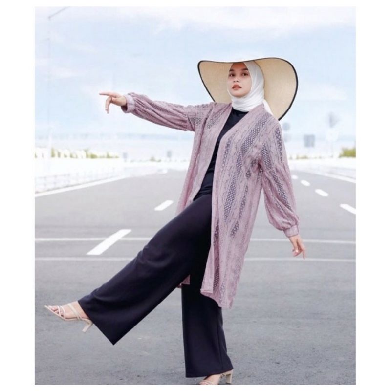 PROMO Long Outer Panjang Kardygan Lace Brukat Lengan Balon | Cardigan Baju Wanita Muslimah | Busana Pantai-6