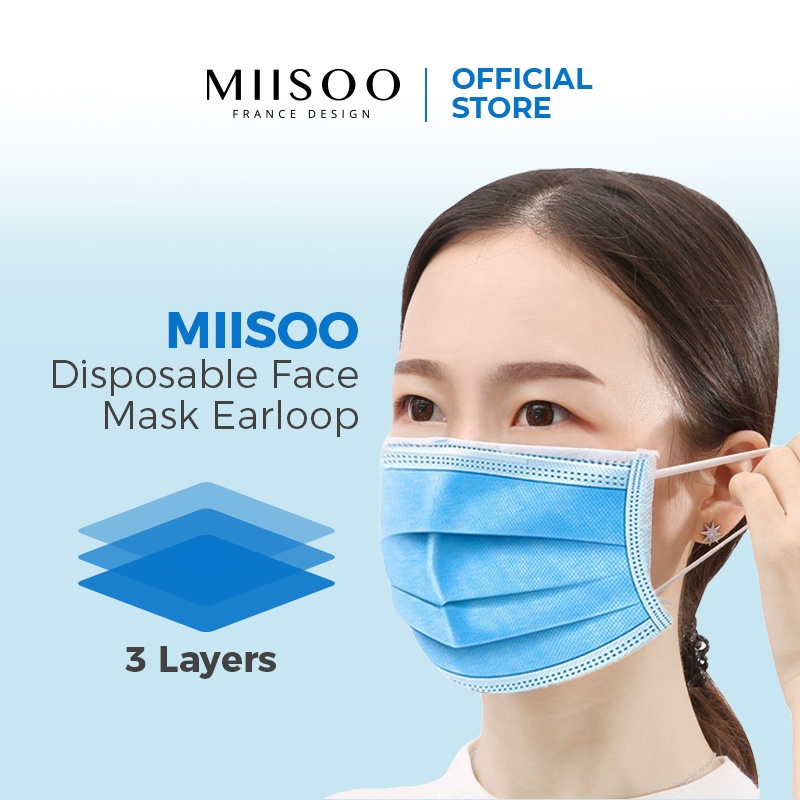 MIISOO Disposable Facemask Hijab Headloop 50pcs/BOX Masker Kesehatan 3ply Masker wajah IZIN BNPB