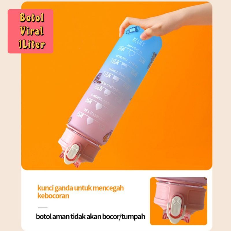 (Murah) Botol Minum Gradasi 1 liter FREE STIKER / Botol Minum Viral / Botol Minum Penanda Waktu