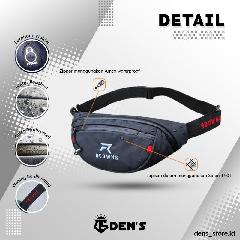 Tas Selempang Pria Waterproof Waist Bag Hezel Pria Anti Air Anti Sobek Roowns White