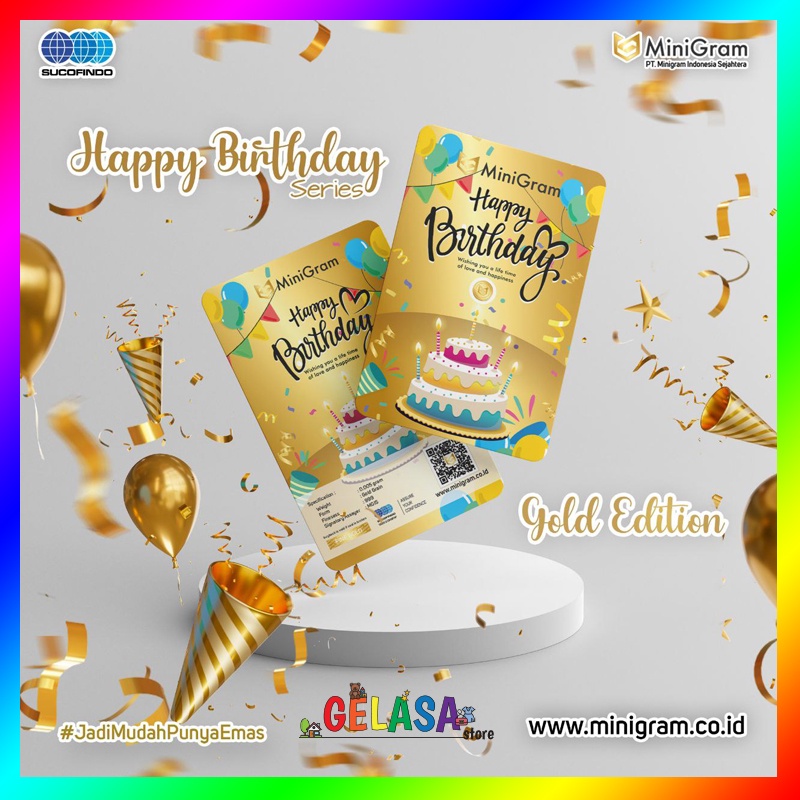 Gelasa Distributor Agen Resmi MINIGRAM Birthday Series Logam Mulia Emas Murni 24k Sertifikat Resmi (Gold 0.005gram)