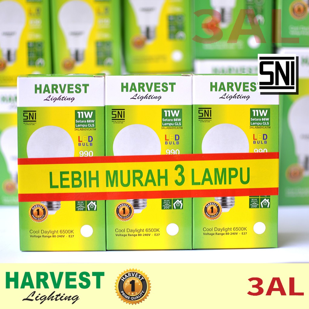 11W - Paket Isi 3 - HARVEST LIGHTING Lampu Bohlam LED A Bulb  11 Watt Lampu Hemat Energi Original Bersertifikasi SNI dan Bergaransi