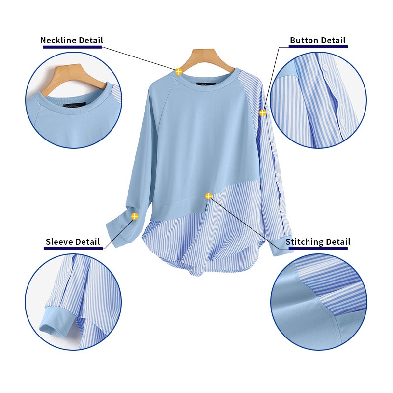 ZANZEA Women Office Loose Stripe Patchwork Top Holiday Casual Retro Long Sleeved Shirt Blouse