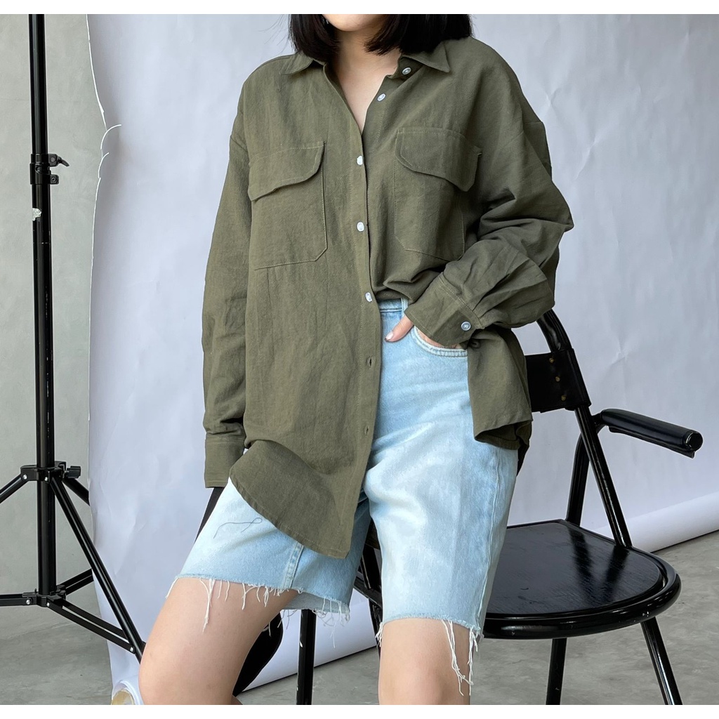 ASOKA Nindi Shirt 330 - Kemeja Oversize Linen Pocket Outer Wanita