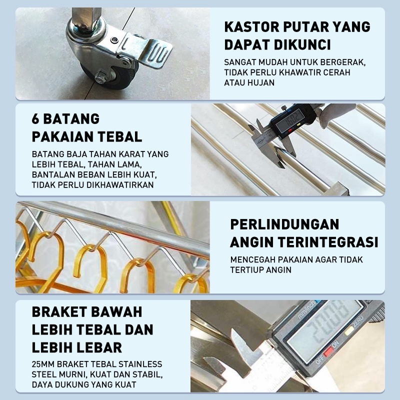 Jemuran Baju Stainless Steel Multi Bulat Tiang Besar Jemuran  Pakaian Baju Dapat Dilipat