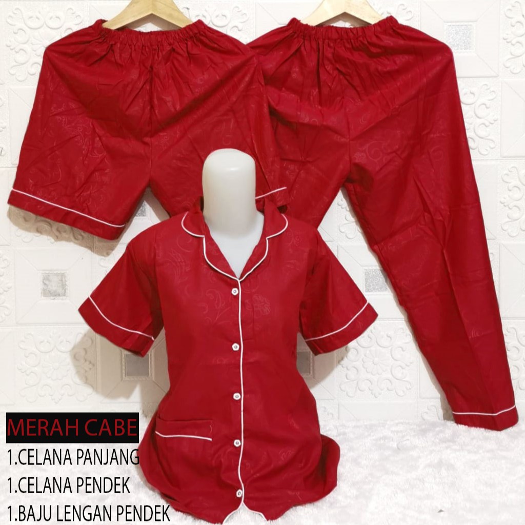 ISANNY PIYAMA SET SATEN EMBOS 3IN1 L/PIYAMA DEWAS/READY 20 WARNA-MERAH CABE