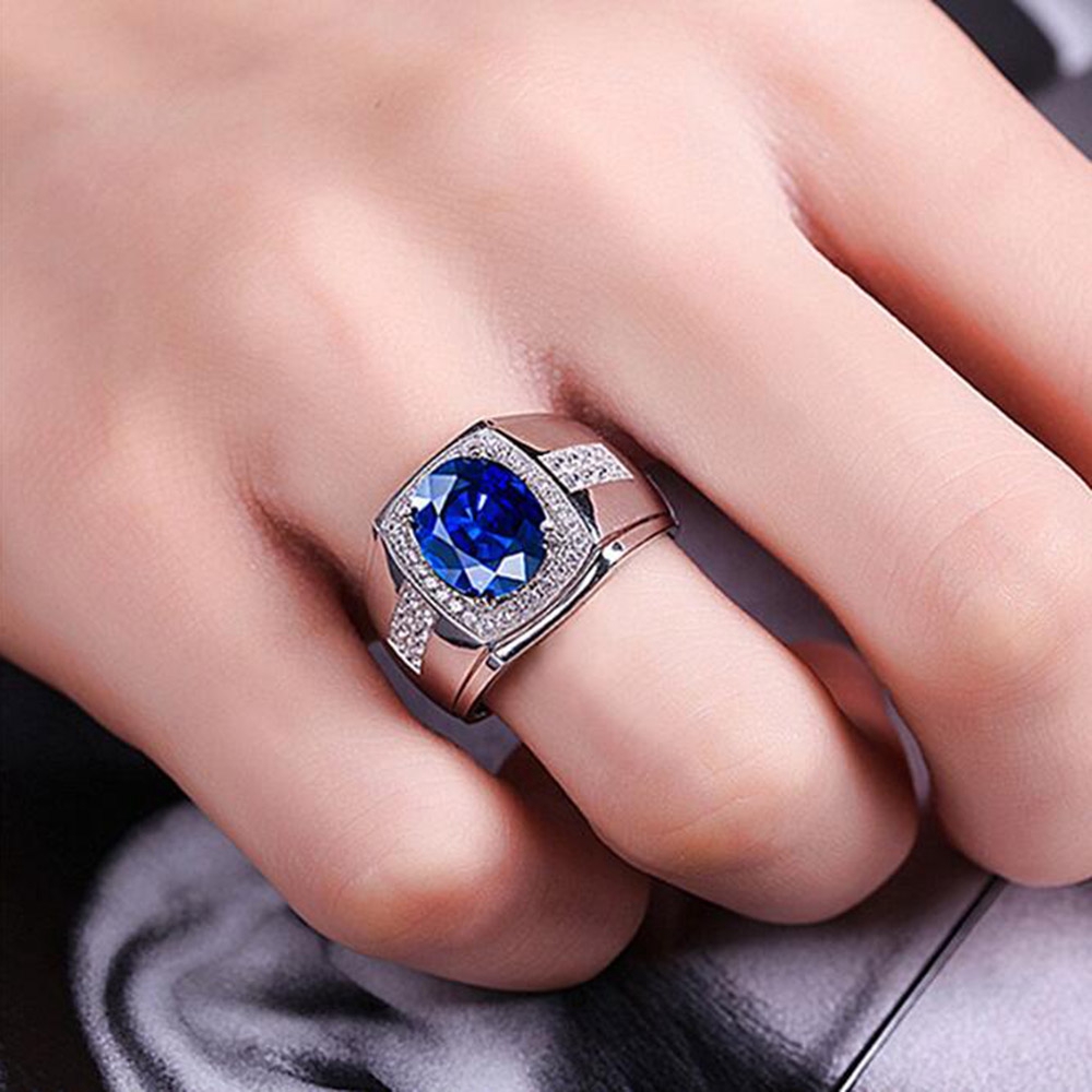 Platinum Safir berlian Perak perhiasan Fashion baja titanium Zirkon Biru Kristal Pria wanita pernikahan Cincin Rings