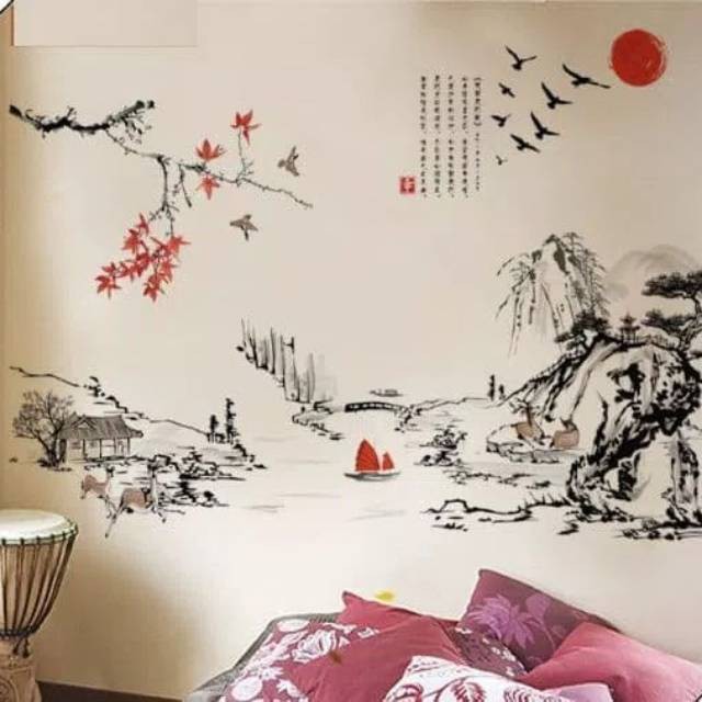Stiker Dinding Wallpaper 60x90cm Motif Karakter Sketsa Gunung Lukisan Pemandangan Dekorasi Rumah