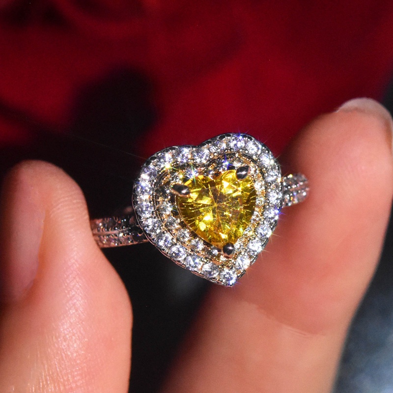 Cincin Lapis Ganda Bentuk Hati Aksen Batu Permata Kristal Zirkon Warna Kuning Untuk Pernikahan