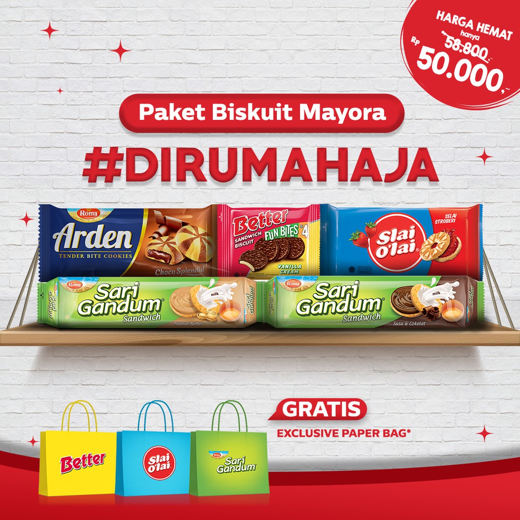 

PROMO PAKET BISKUIT MAYORA #DIRUMAHAJA FREE PAPER BAG TERMURAH