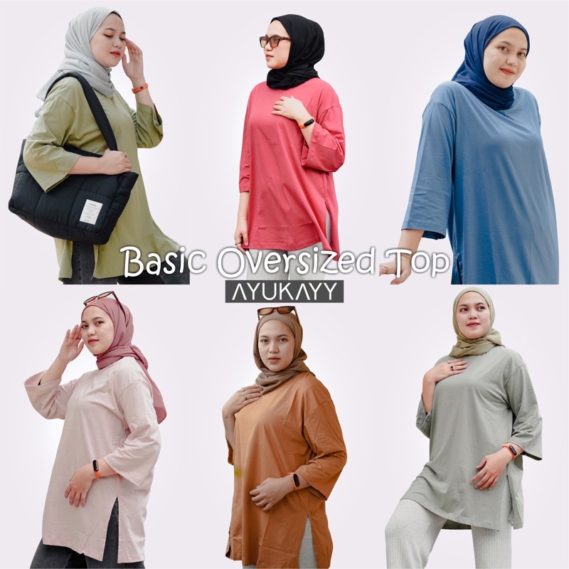 Ayukayy Basic Oversized Top Kaos Polos NonBusui Hijab Friendly Lengan 7/8