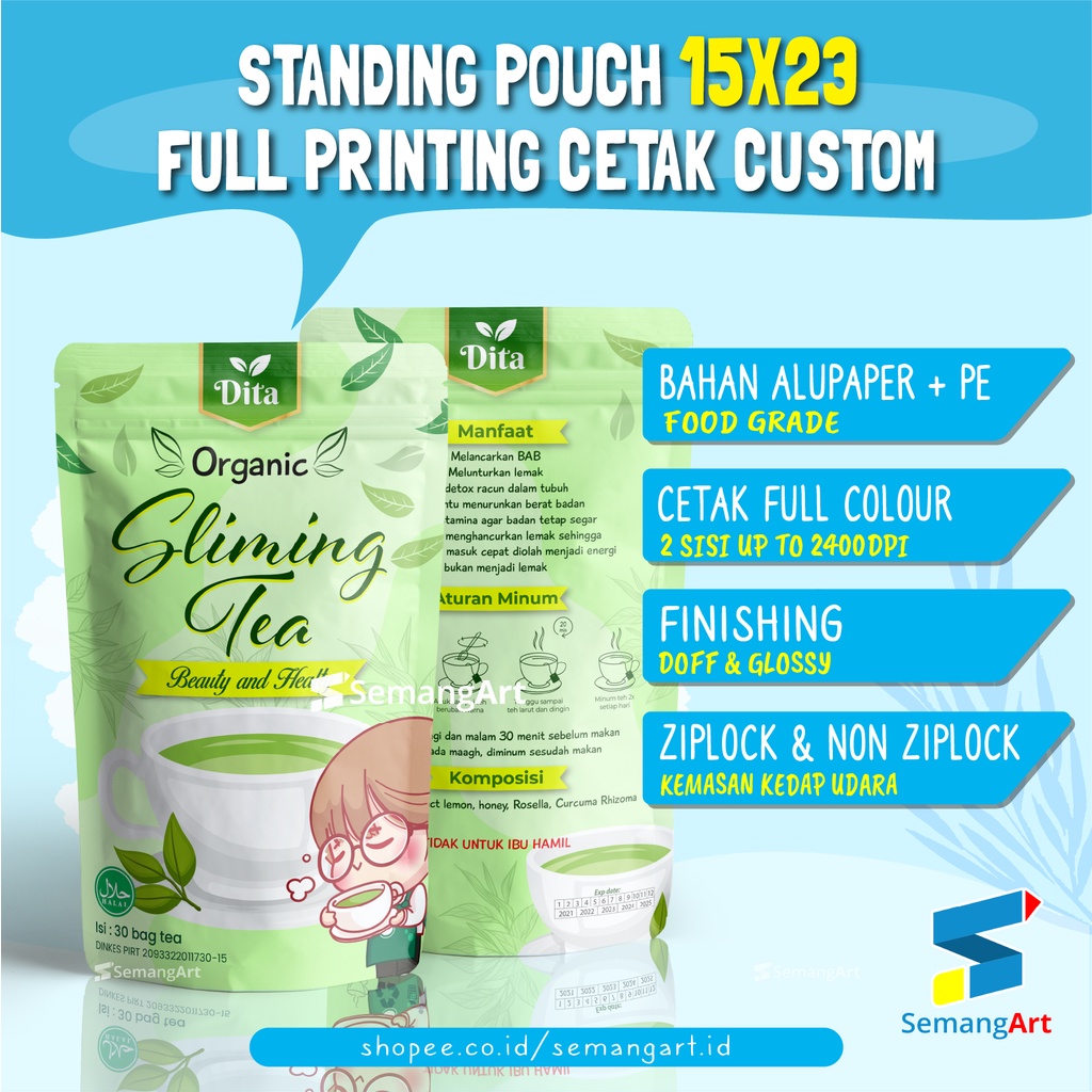 Cetak Kemasan Standing Pouch 15x23 Zipper Non Ziplock Makanan Custom