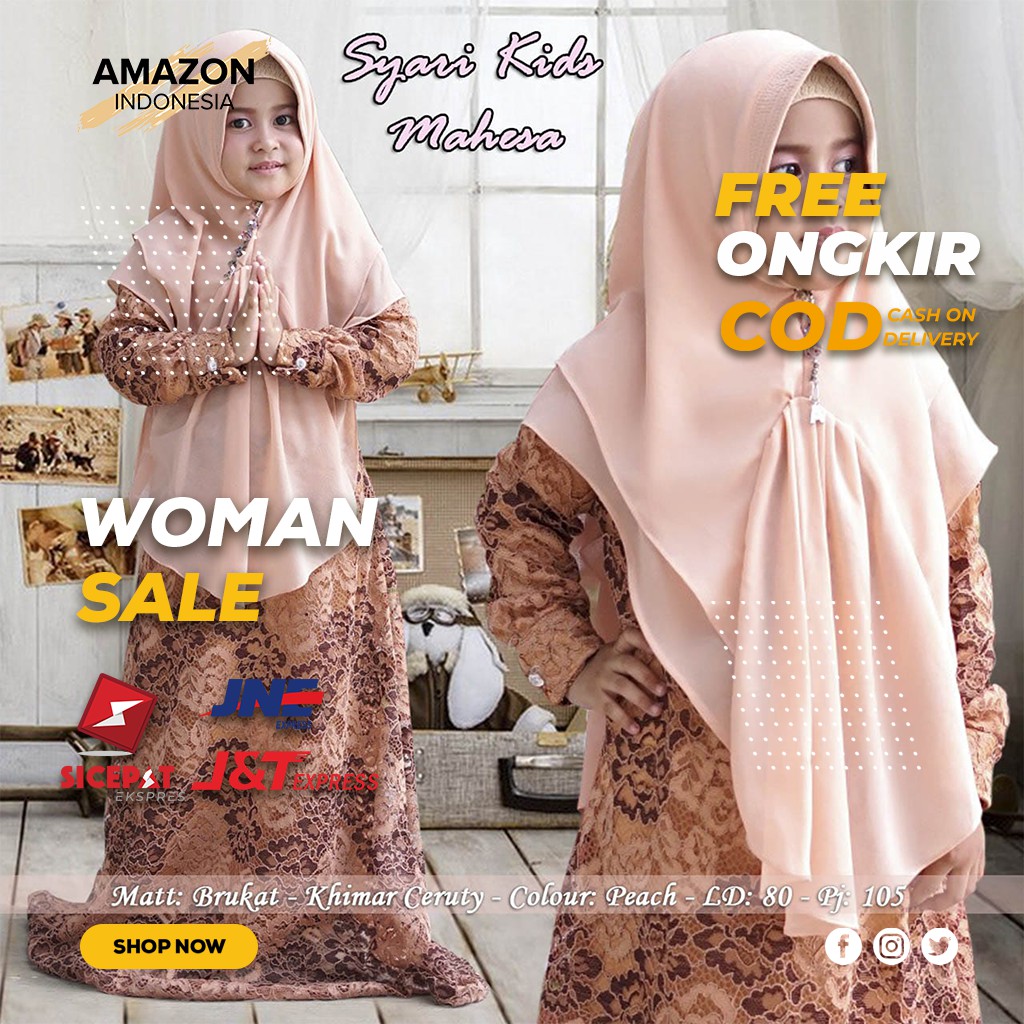 PAKAIAN MUSLIM ANAK PEREMPUAN WARNA PEACH BAHAN BRUKAT FULL LURING ORI BEST QUALITY IMPORT ELEGAN