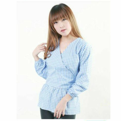 Atasan Blouse Kimono bahan katun kotak / garis ada tali pinggang Ken-327