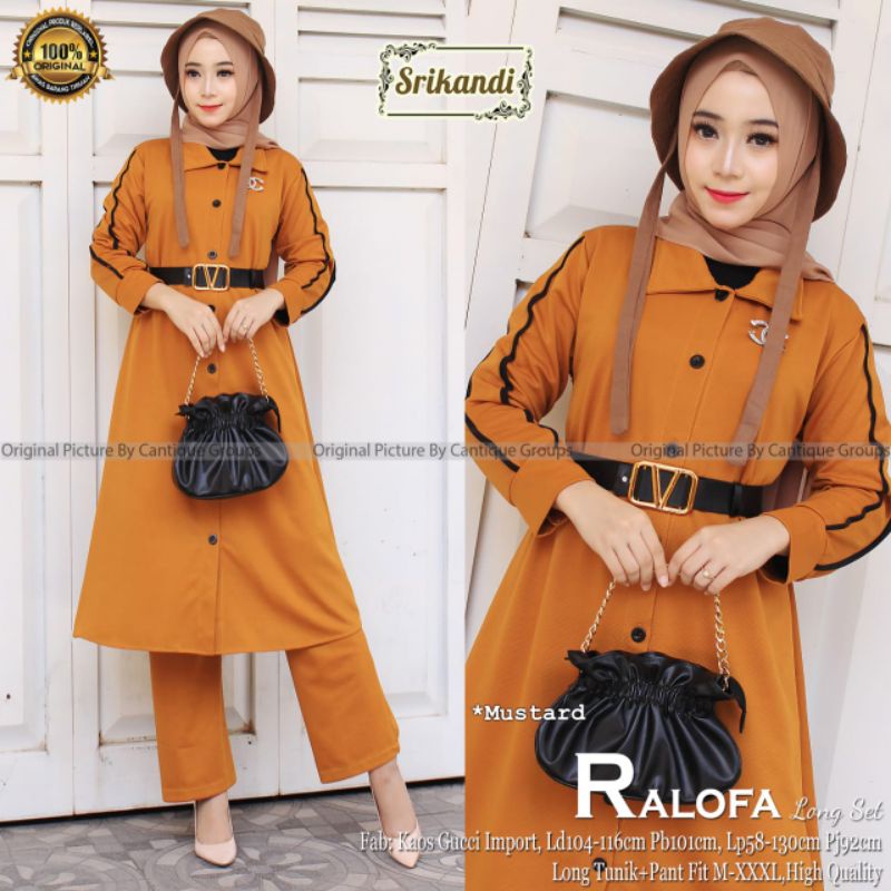 Ralofa Set Pakaian Wanita Setelan Long Tunik + Pant + Free Belt Fab Kaos Import High Qualitu
