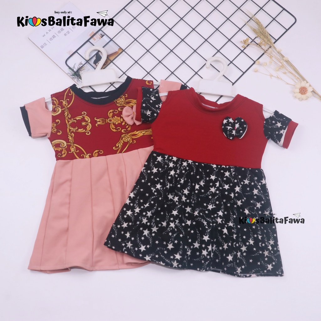 Dress Naura uk 1-2 Tahun / Balita Anak Perempuan Murah Dres Lengan Pesta Kaos Baju Motif Gaun Lucu