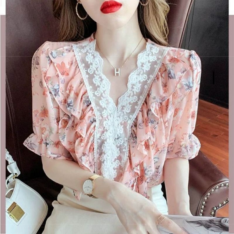 MDLV ~ 2422# Darrena Ruffle Top Sifon Blouse Flower Blouse Korea Fashion Import