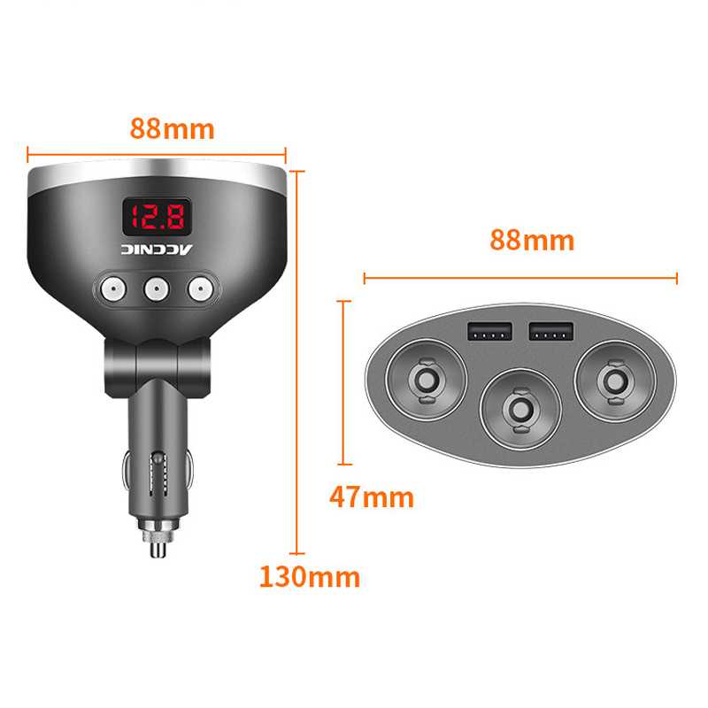 Accnic Car Charger 2 USB Port + 3 Cigarette Plug 3.4A LCD Display - T3-Hitam