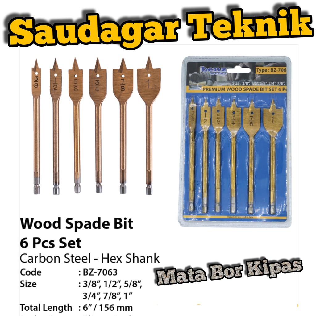 Mata Bor Kayu Kipas set 6 Pcs Wood Spade Bit set Benz