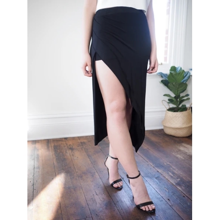 HELLO PARRY Talia Jersey Midi Skirt With Thigh Split - BLACK