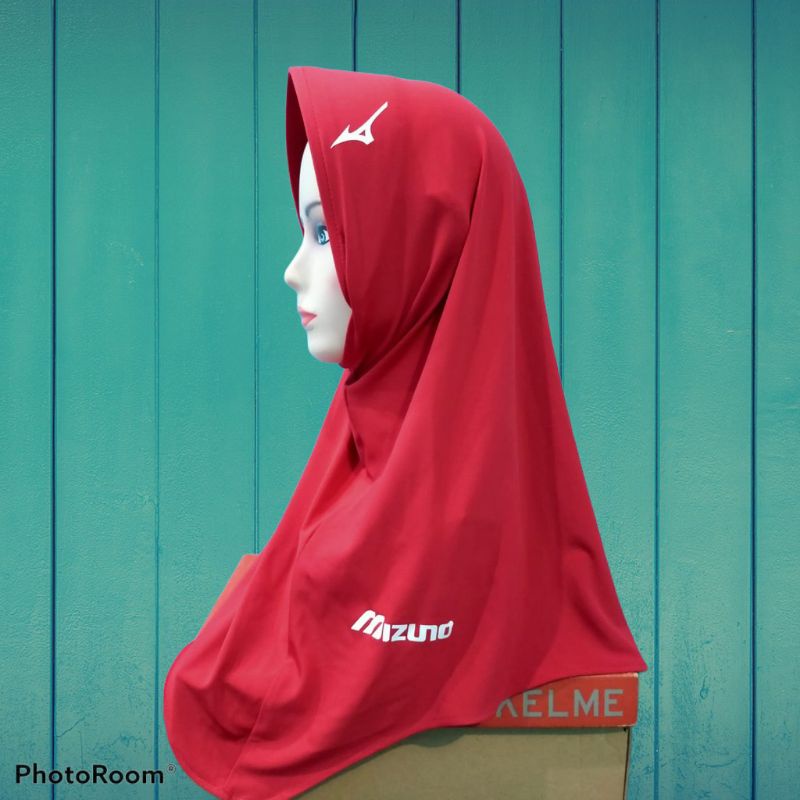 Hijab Sport Hijab Instan Sport Kerudung Olahraga Volly, Bersepedah, Joging Berlogo MIZUNO-Merah