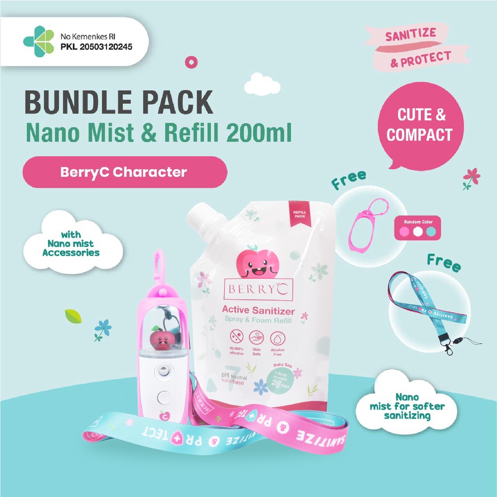 BerryC Nano Mist Spray Sanitizer 30ML dengan karakter BerryC mungil untuk anak - dewasa face mist sprayer embun fog mungil personal portable rechargable usb putih white simple kuat new design awet sanitize sterilize moisturize