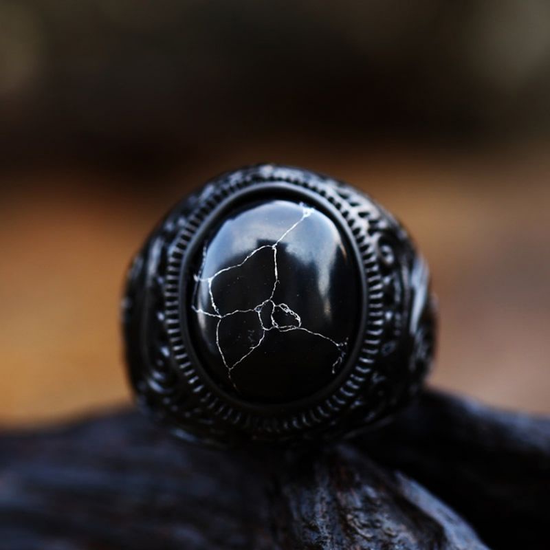 Cincin Pria Batu Pirus Hitam Kura Ring Retro Hitam All Black Kantoran