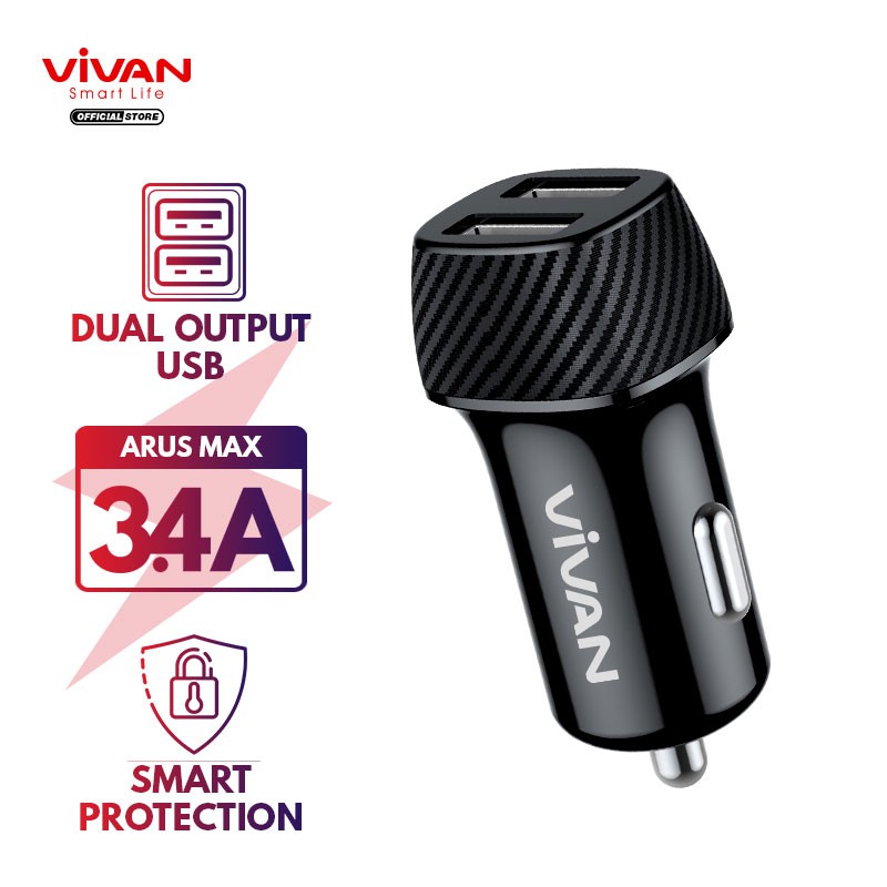 VIVAN Car Charger CC02C 3.4A Dual USB Smart IC Quick Charging Mobil Original Garansi Resmi 1 Tahun