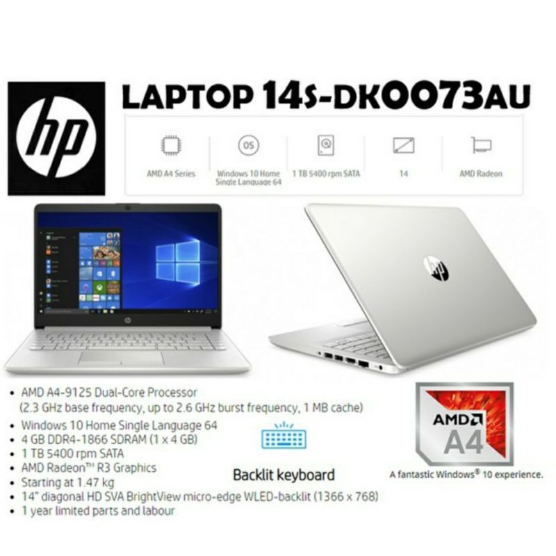 Laptop HP 14S-DK0073AU - AMD 9125 4GB 1TB Radeon R3 14inch SLIM Keyboard Backlight Windows 10